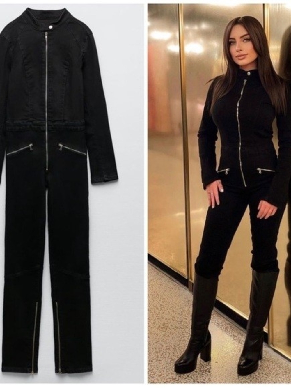 Zara Black Zip-Front Long-Sleeve Jumpsuit